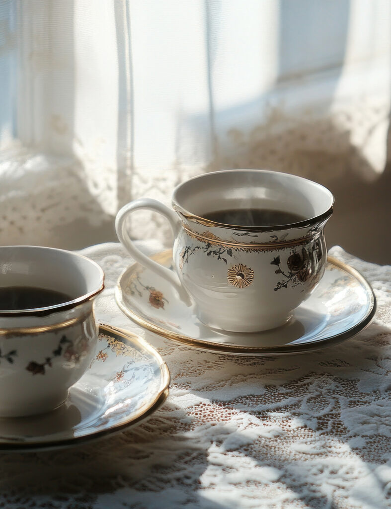 Vintage kaffesett på blondeduk, morgensollys strømmer inn